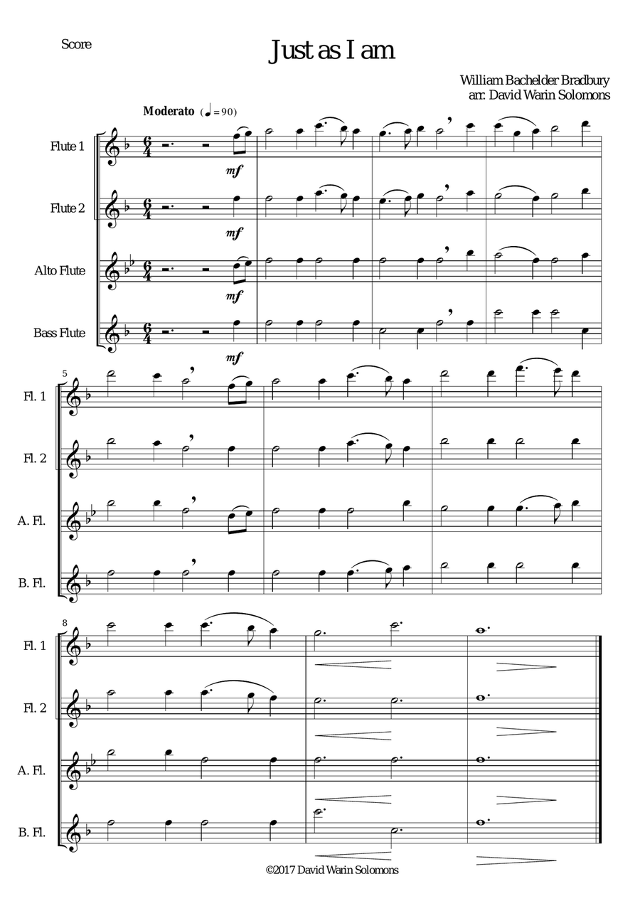 Just as I am for Flute quartet (2 C flutes, alto flute, bass flute) Flute Quartet scores gallery preview page 1