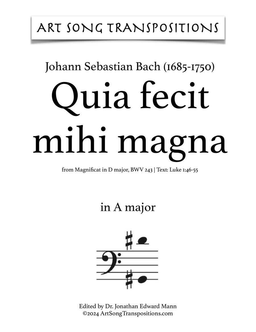 BACH: Quia fecit mihi magna, BWV 243 (transposed to A major) Voice scores gallery preview page 1