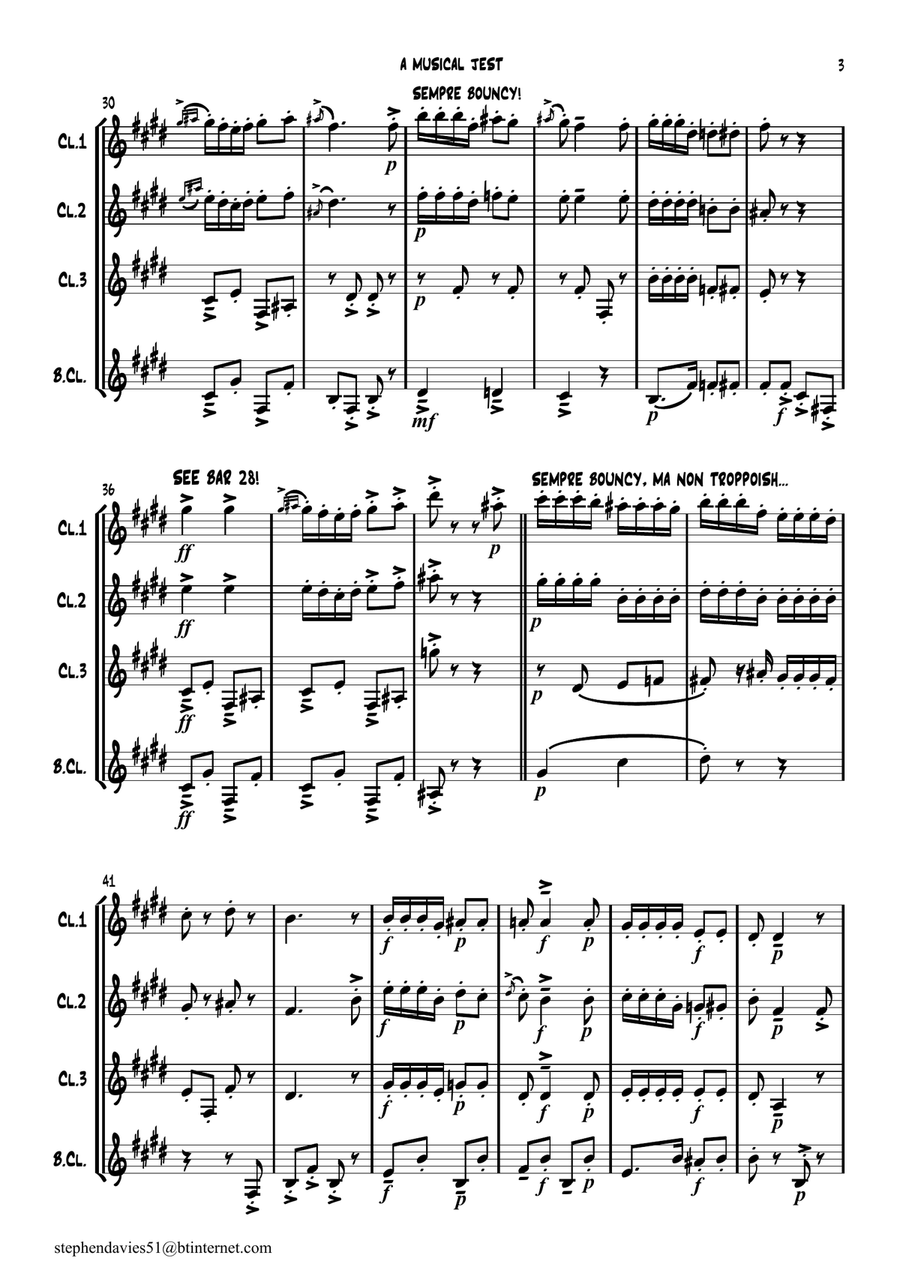 'A Musical Jest' By Alfredo D'ambrosio,Clarinet Quartet, a bit of fun for 4 players! Clarinet Quartet scores gallery preview page 3