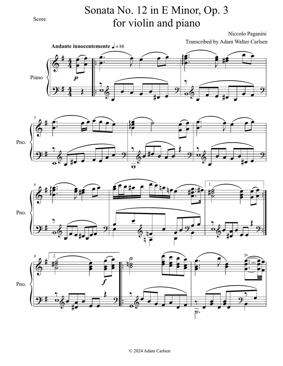 Sonata No. 12 in E Minor Op. 3 Piano Solo scores gallery preview page 2