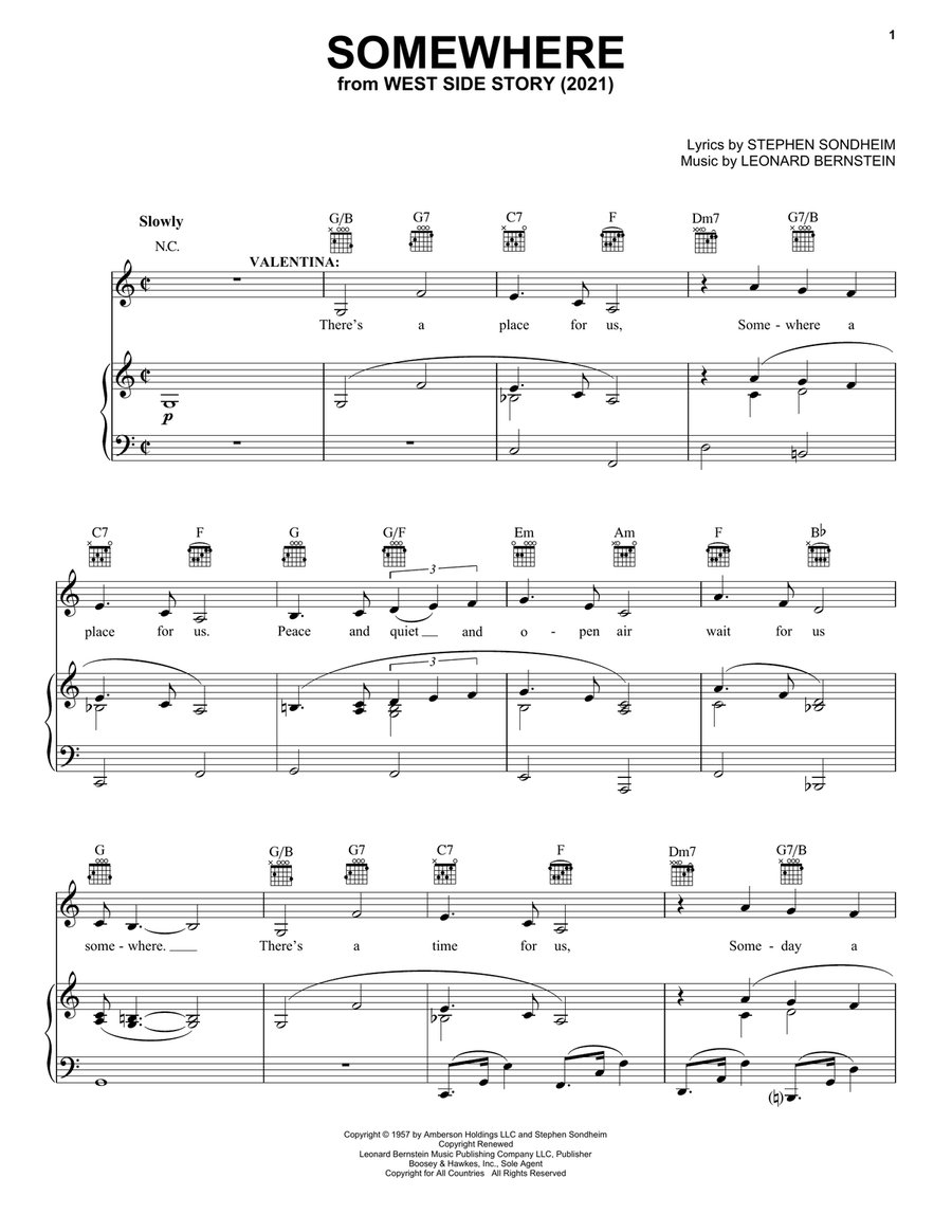 Somewhere (from West Side Story 2021) Piano, Vocal, Guitar scores gallery preview page 1