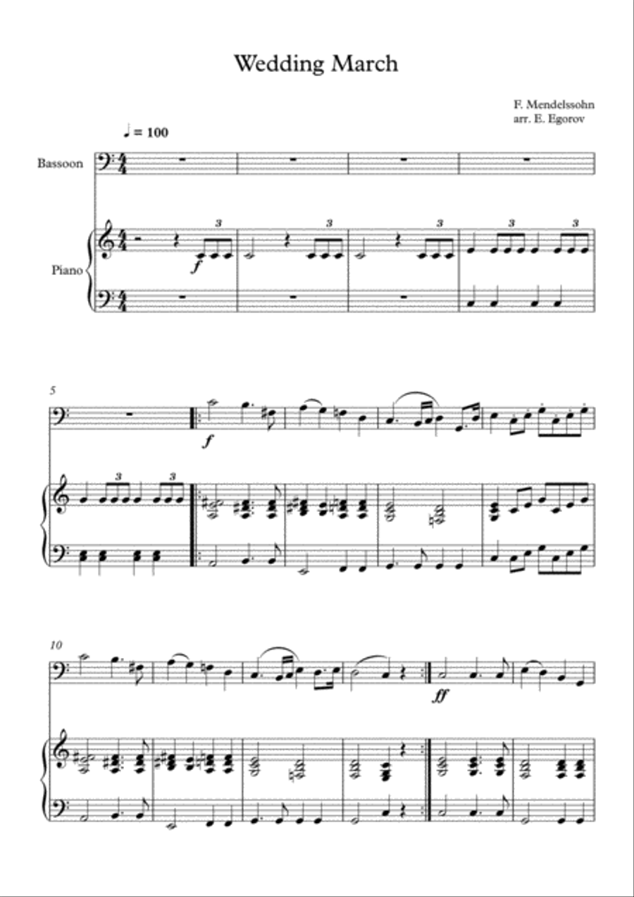 Wedding March, Felix Bartholdy Mendelssohn, For Bassoon & Piano Bassoon Solo scores gallery preview page 1