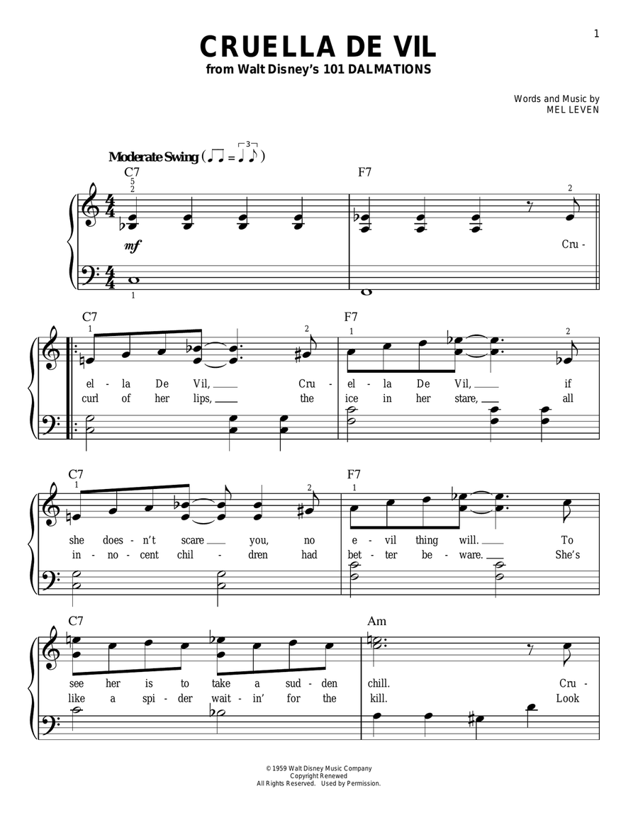 Cruella De Vil (from 101 Dalmations) Easy Piano scores gallery preview page 1