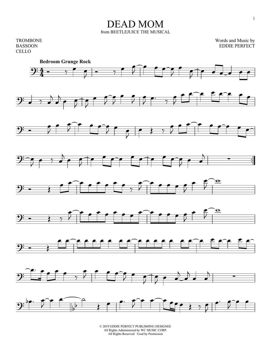 Dead Mom (from Beetlejuice The Musical) Bass Clef Instrument scores gallery preview page 1