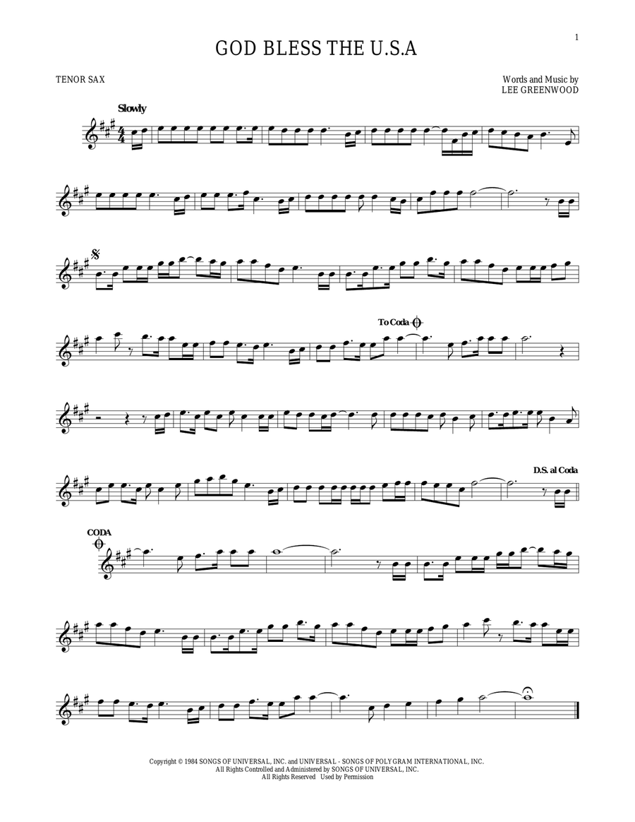 God Bless The U.S.A. God Bless The U.S.A. Tenor Saxophone scores gallery preview page 1