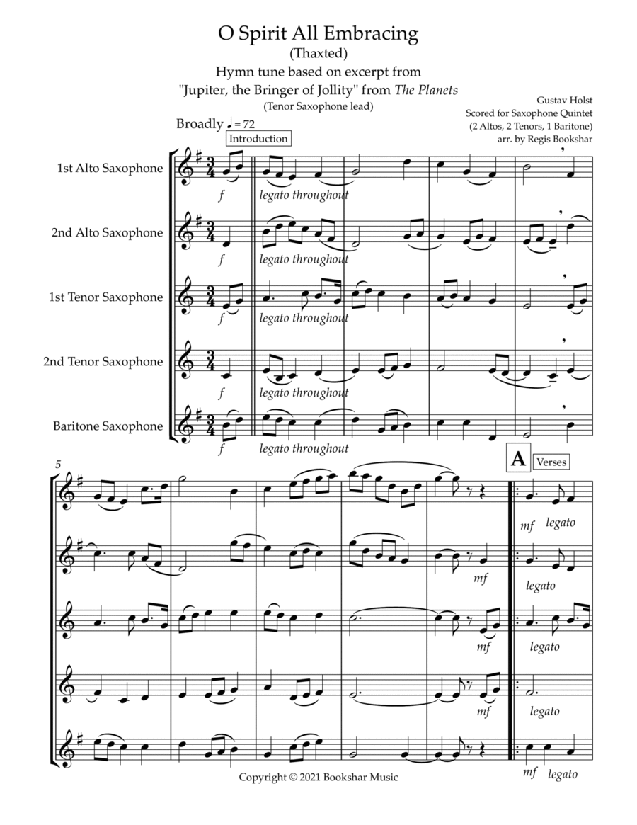 O Spirit All-Embracing (Thaxted) (Bb) (Saxophone Quintet - 2 Alto, 2 Tenor, 1 Bari) (Tenor lead) Saxophone Quintet scores gallery preview page 1