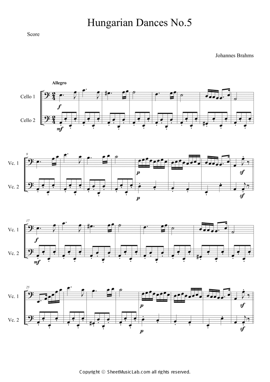 Hungarian Dances No.5 in A minor String Duet scores gallery preview page 1