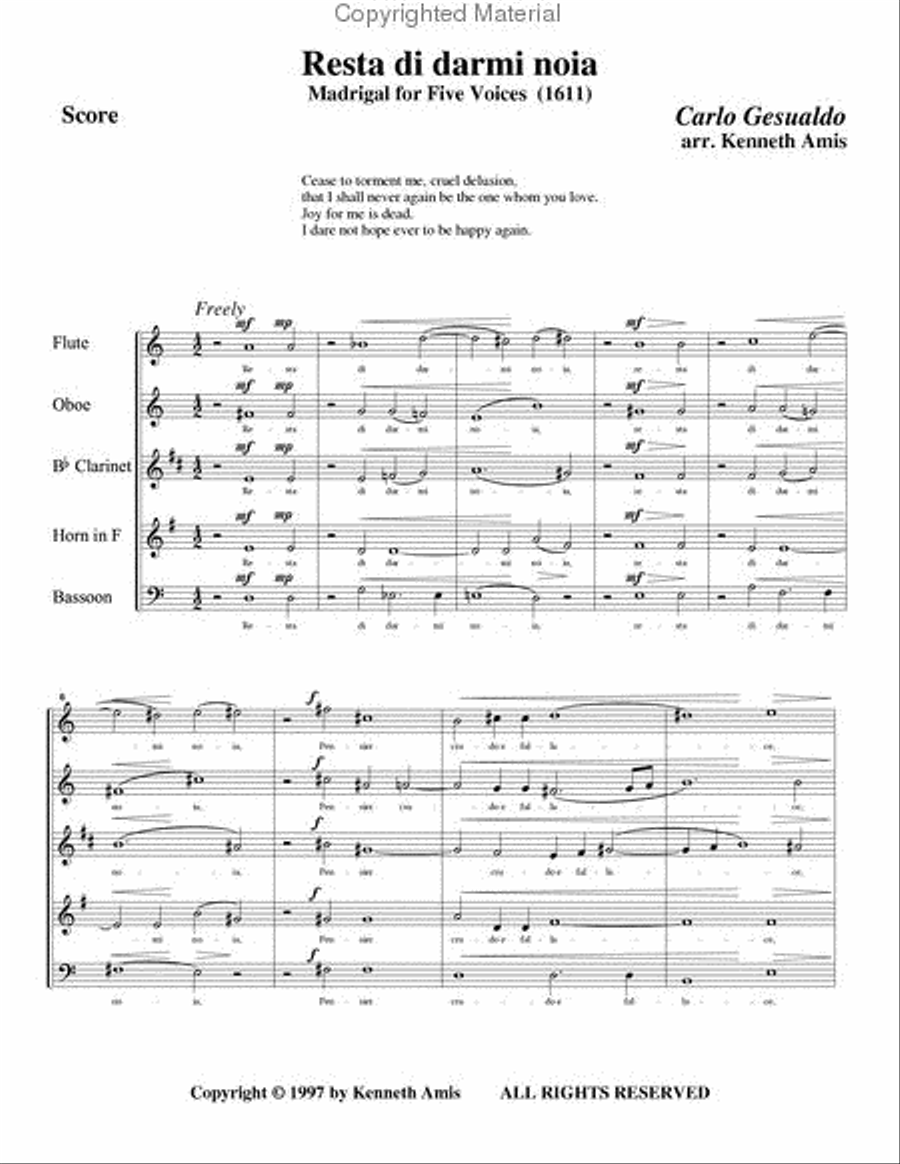 Resta di darmi noia (for woodwind quintet)