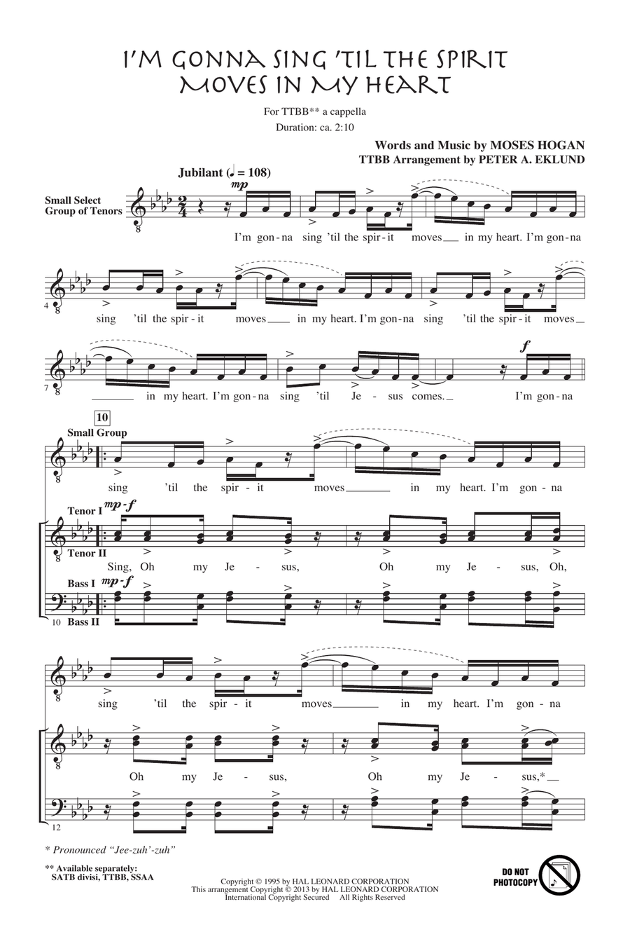 I'm Gonna Sing 'Til The Spirit Moves In My Heart TTBB scores gallery preview page 1