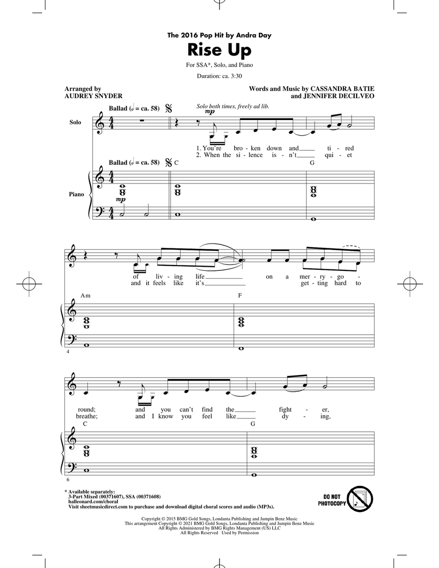 Rise Up (arr. Audrey Snyder) SSA scores gallery preview page 1