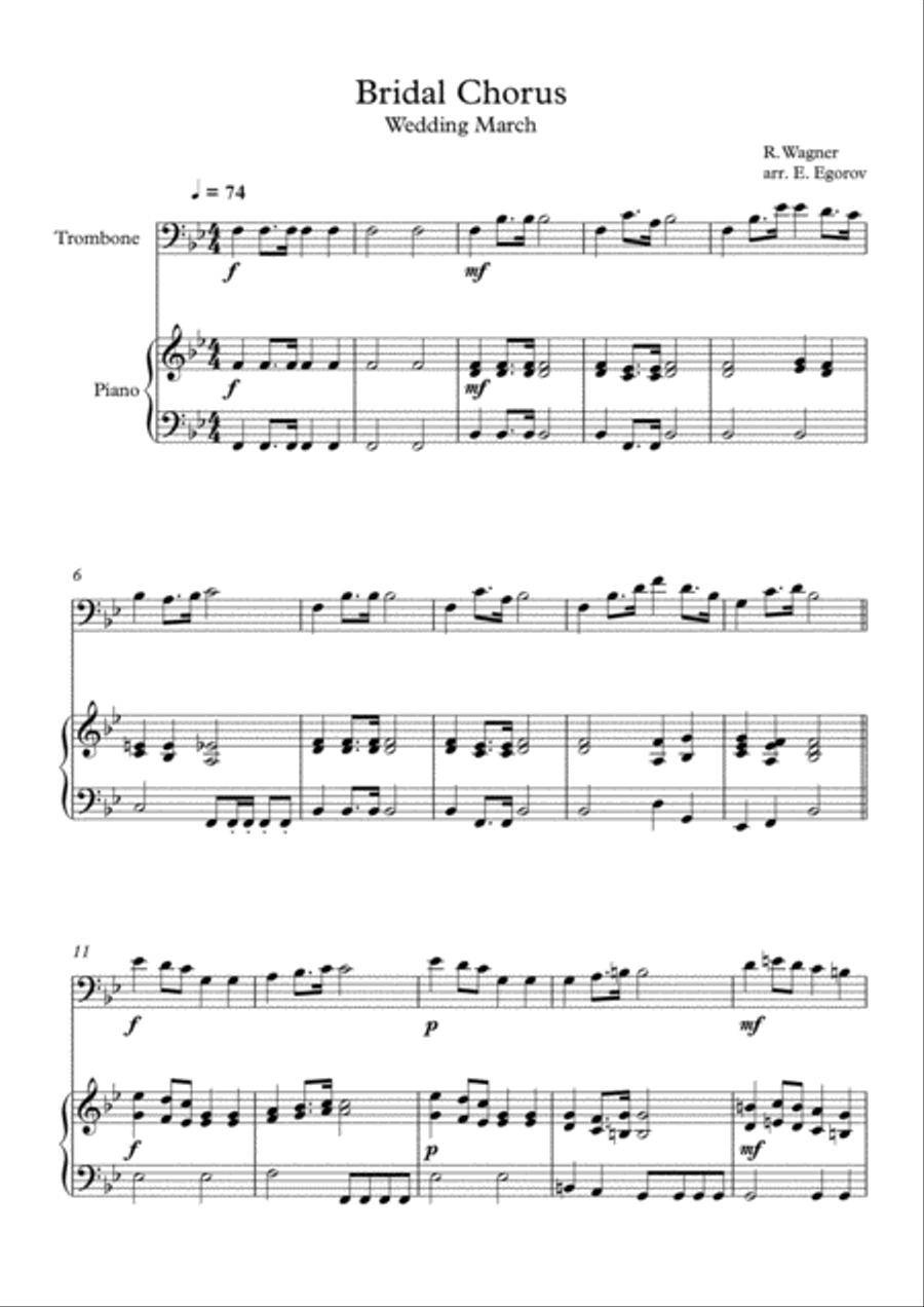 Bridal Chorus (Wedding March), Richard Wagner, For Trombone & Piano Piano Accompaniment scores gallery preview page 1