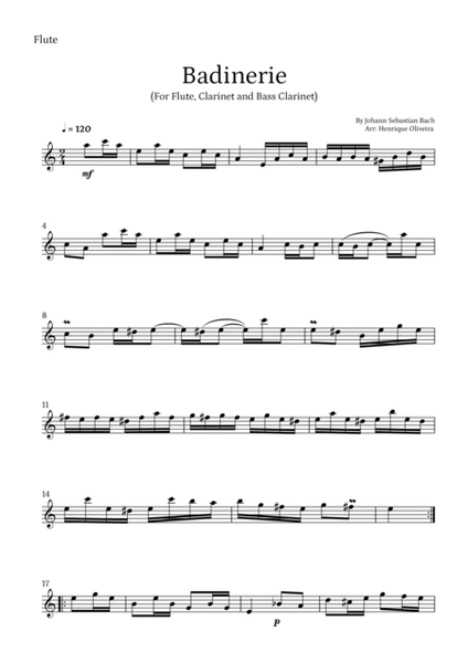 Badinerie by J. S. Bach (For Flute, Clarinet and Bass Clarinet) image number null