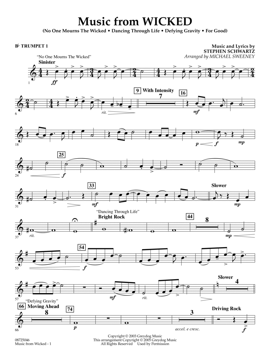 Music from Wicked (arr. Michael Sweeney) - Bb Trumpet 1