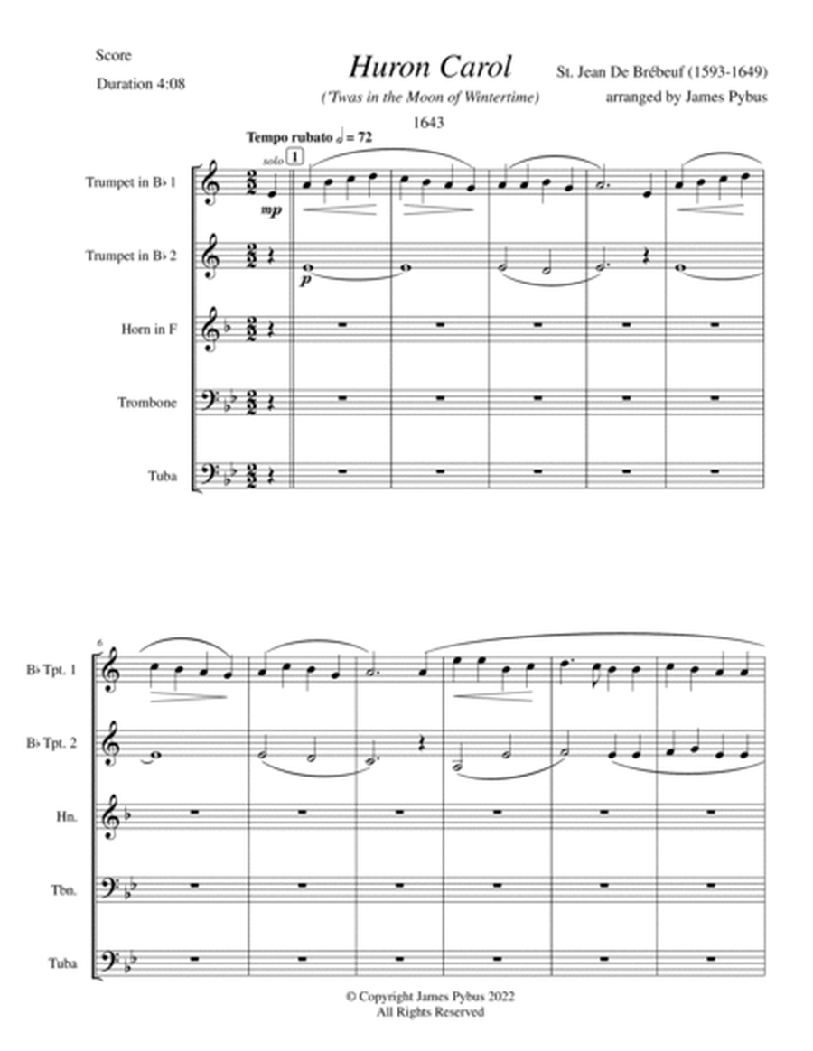 Huron Carol ('Twas in the Moon of Wintertime) (brass quintet arrangement) image number null