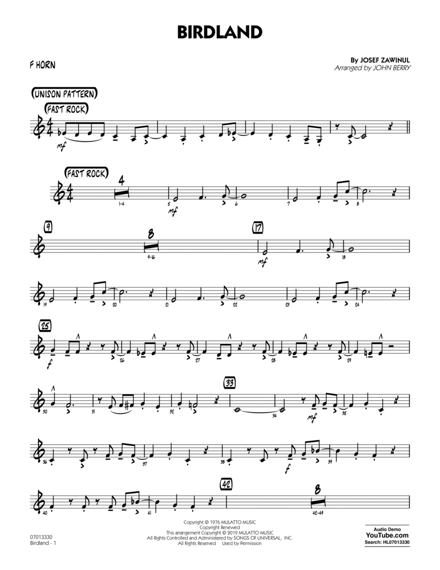 Birdland (arr. John Berry) - F Horn Horn scores gallery preview page 1