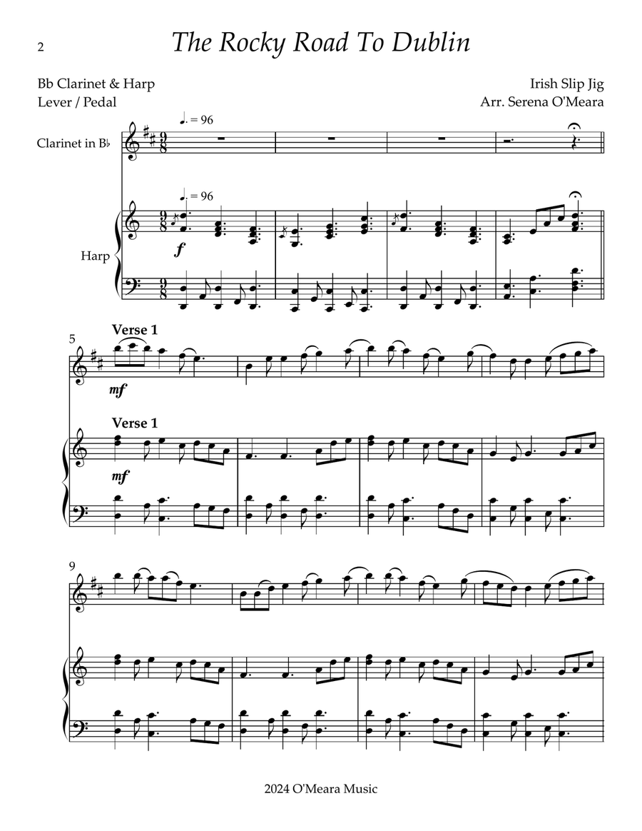The Rocky Road to Dublin, Duet for Bb Clarinet & Harp B-Flat Clarinet scores gallery preview page 2