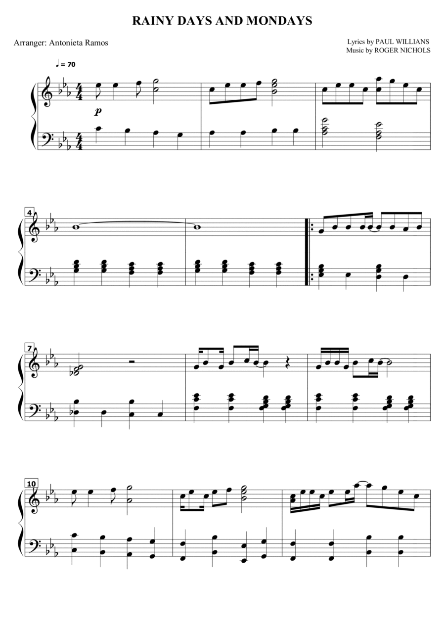 Rainy Days And Mondays Piano Solo scores gallery preview page 1