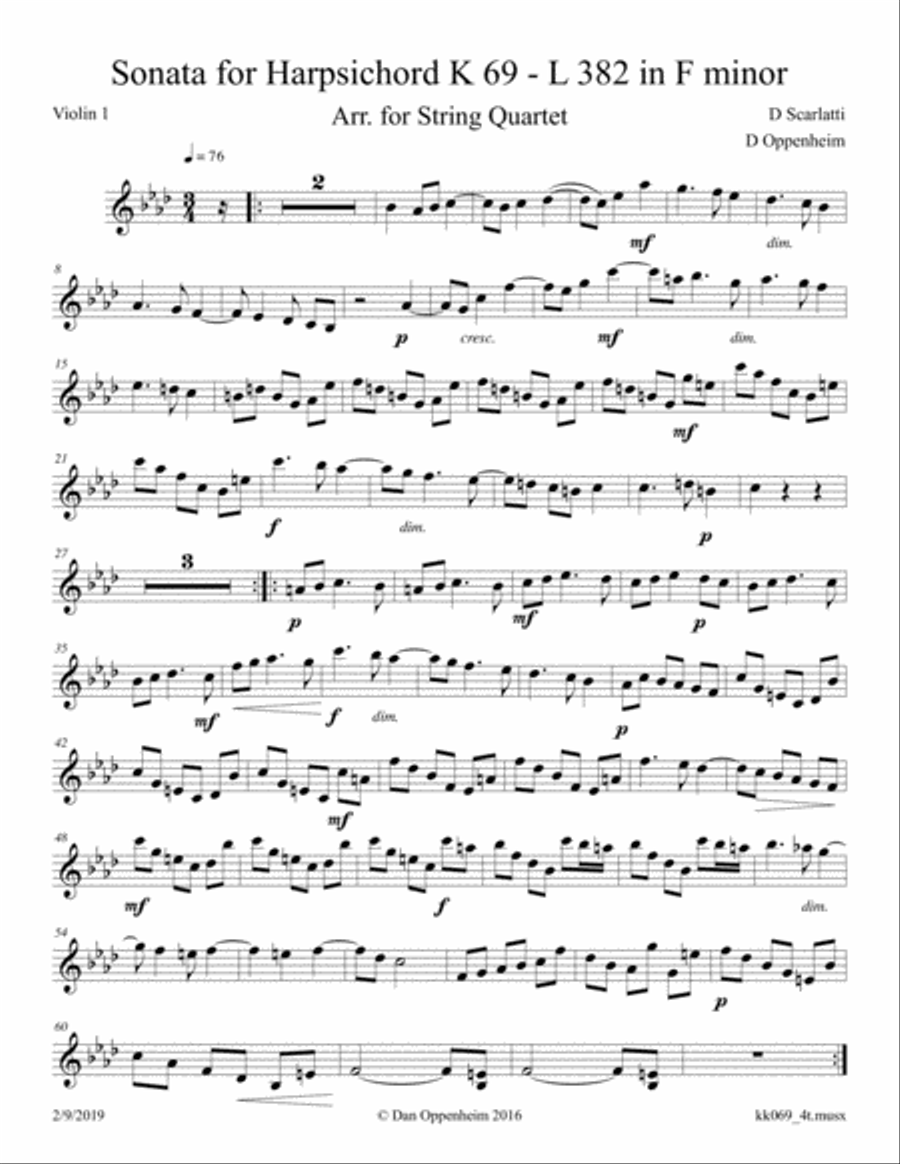 Scarlatti, D: Sonata in F minor K 69 - L382 arranged for String Quartet String Quartet scores gallery preview page 4