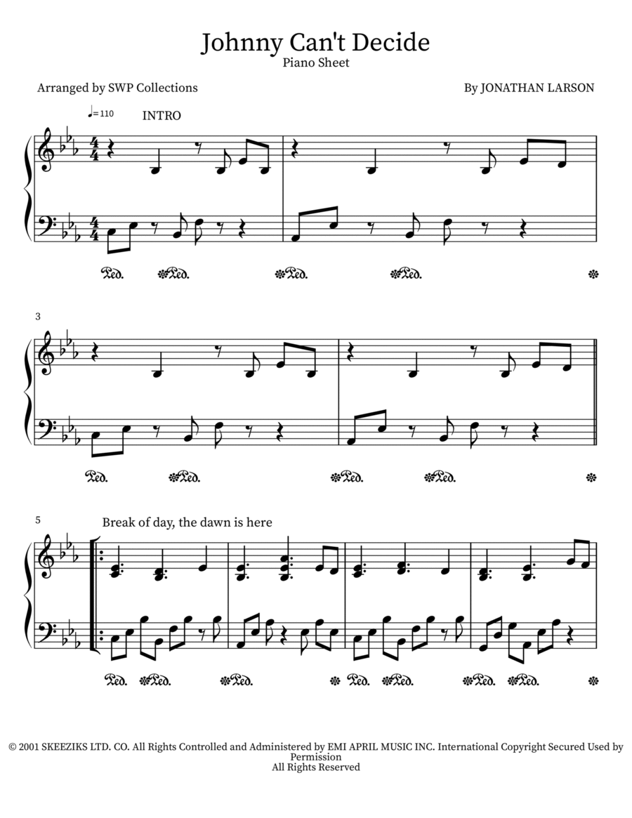Johnny Can't Decide Easy Piano scores gallery preview page 1