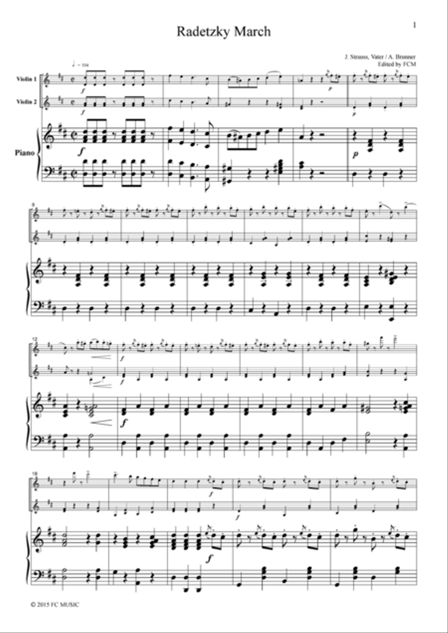 J.Strauss Radetzky March, for 2 Violins & Piano, VN214 Piano Trio scores gallery preview page 1
