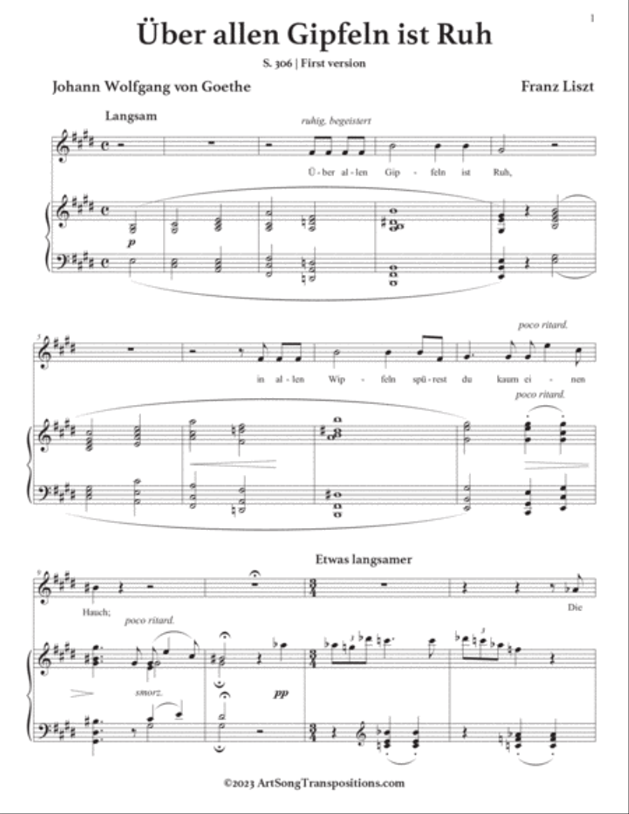 LISZT: Über allen Gipfeln ist Ruh, S. 306 (first version, transposed to A major) Voice scores gallery preview page 2