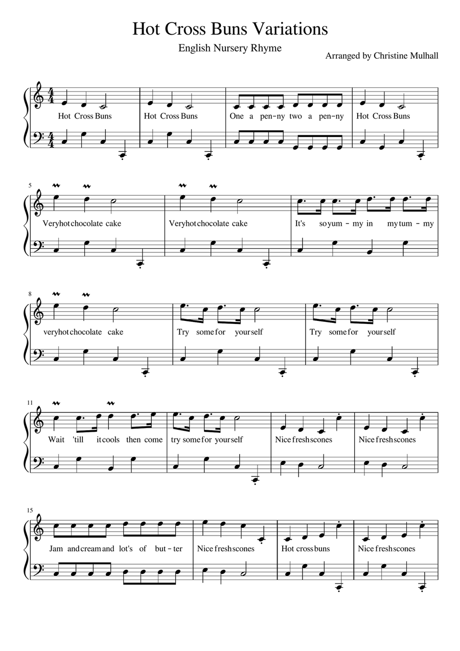 Hot Cross Buns Variations Easy Piano scores gallery preview page 1