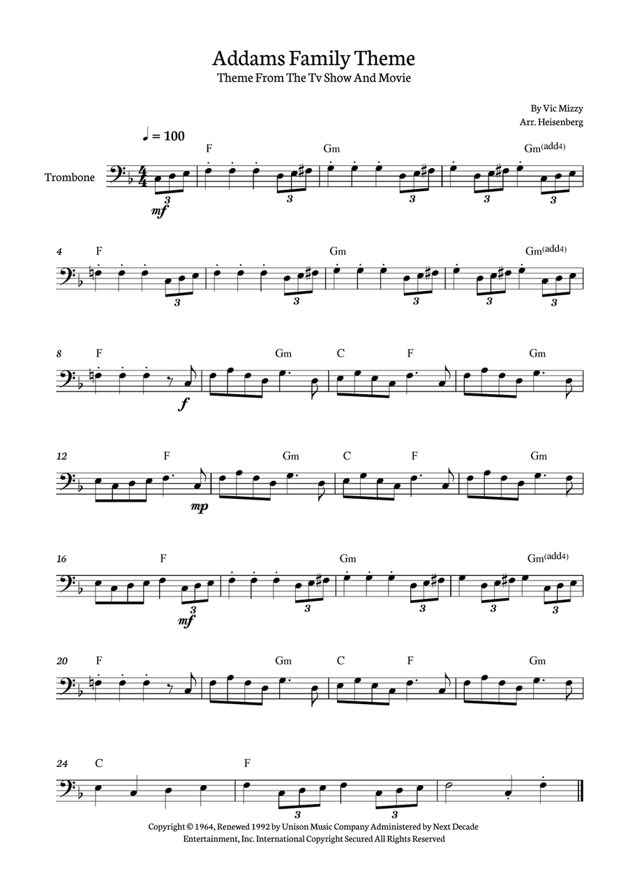Addams Family Theme Trombone Solo scores gallery preview page 1