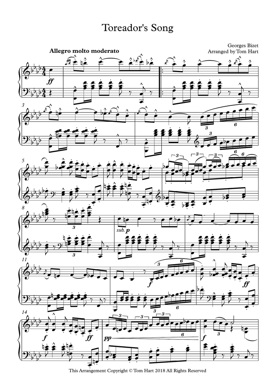 Toreador's Song (from Carmen) Piano Solo scores gallery preview page 1
