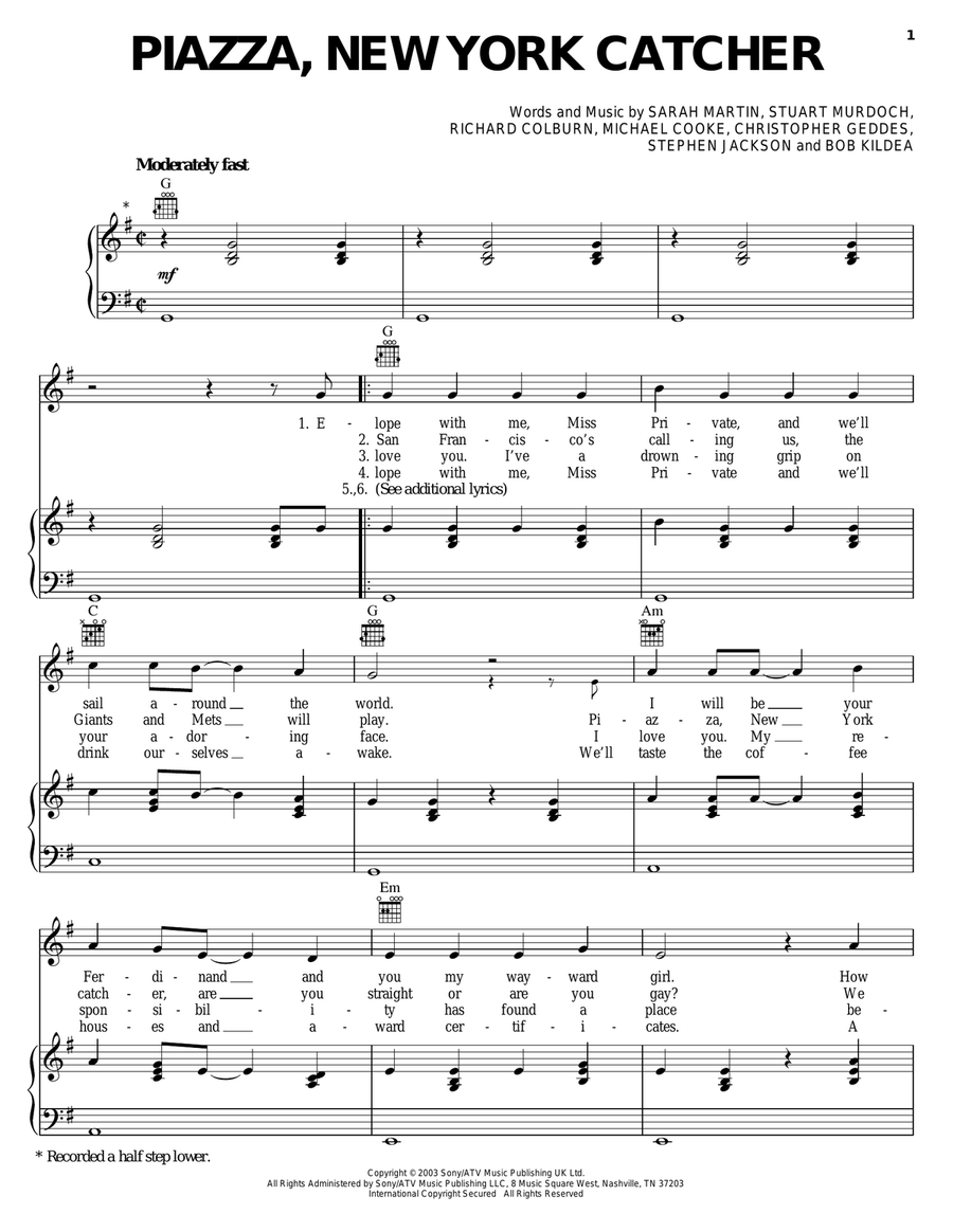 Piazza, New York Catcher Piano, Vocal, Guitar scores gallery preview page 1