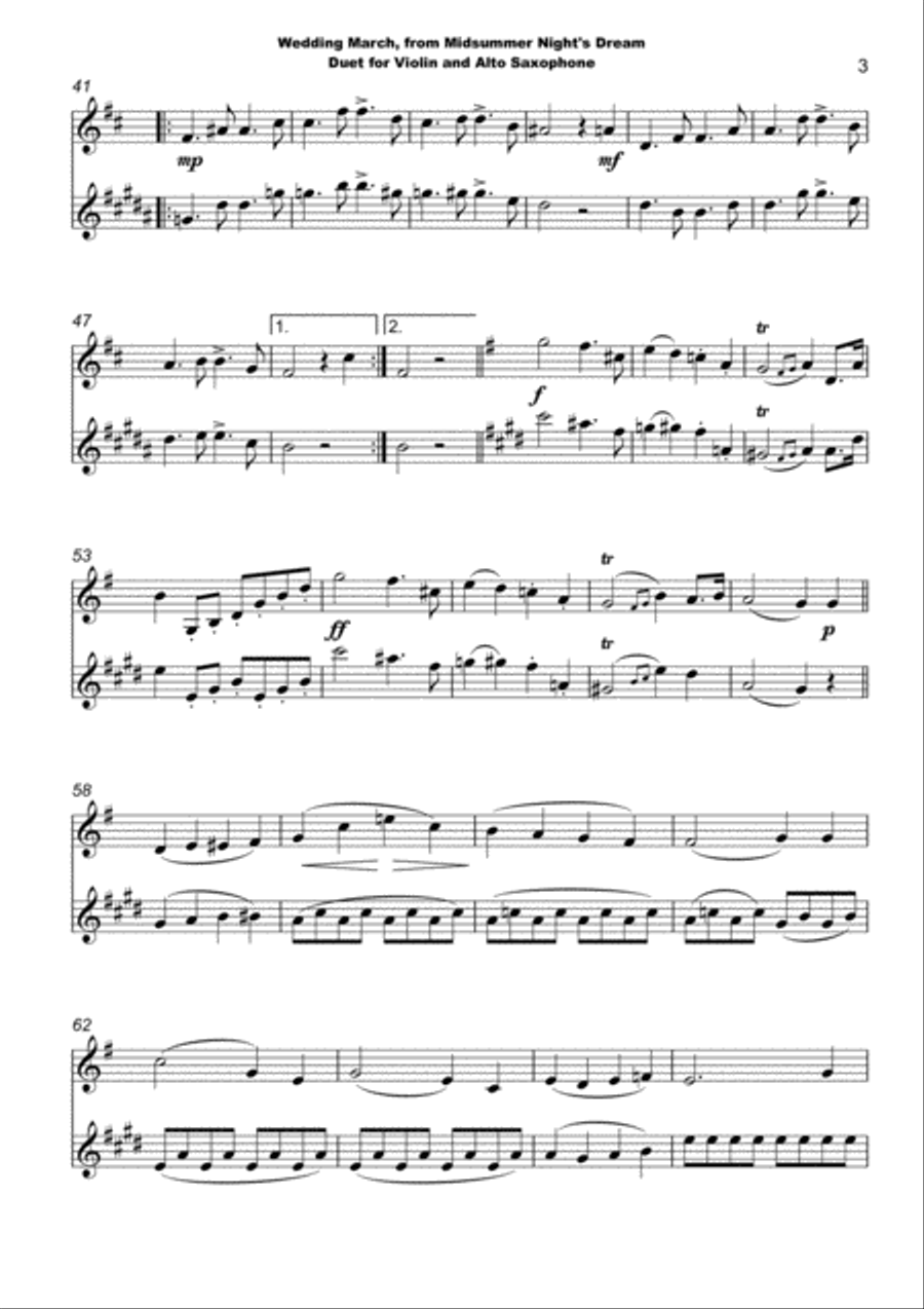 Wedding March by Mendelssohn, Violin and Alto Saxophone Duet Alto Saxophone scores gallery preview page 4