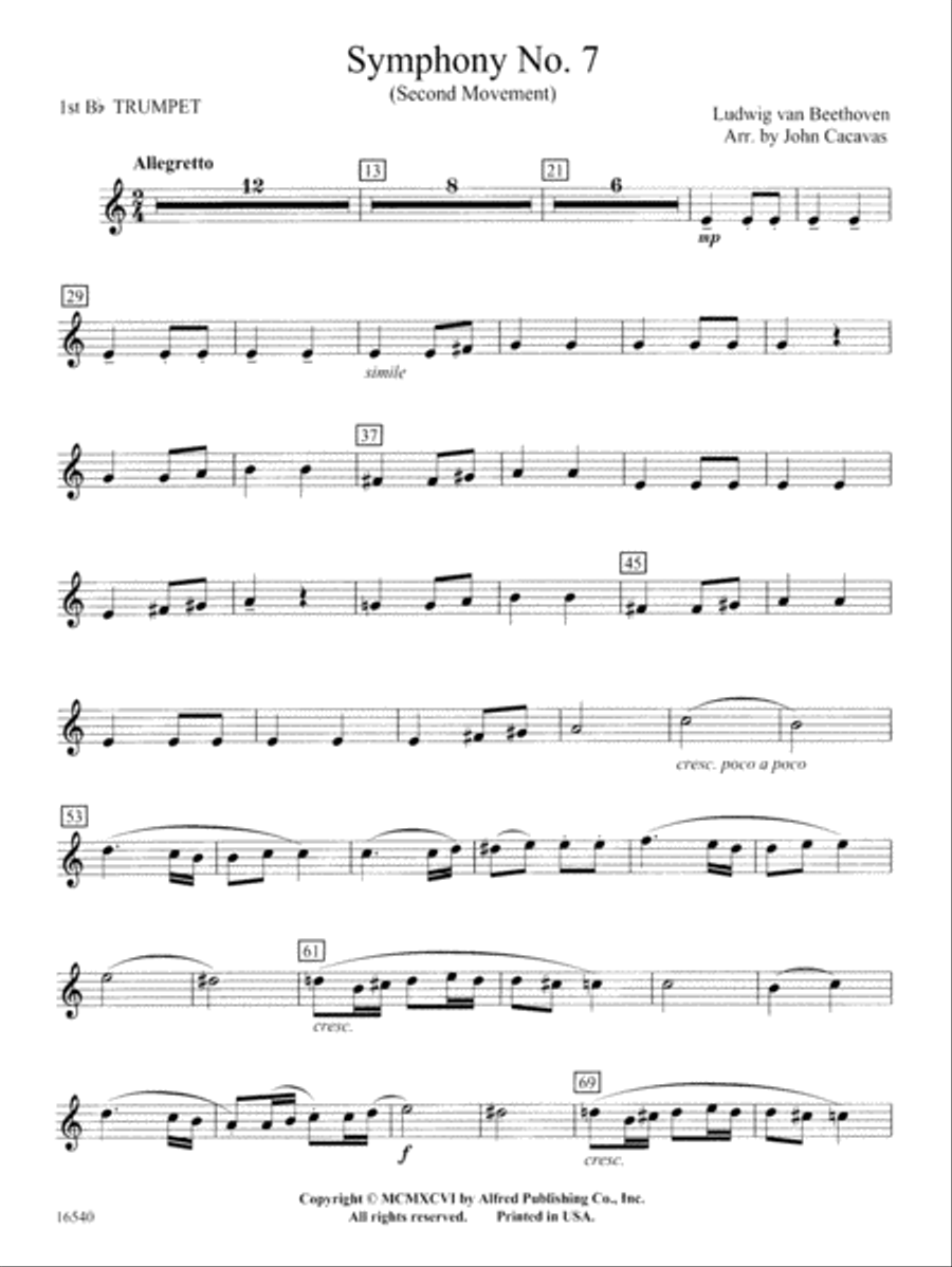 Symphony No. 7 (Second Movement): 1st B-flat Trumpet Concert Band scores gallery preview page 1