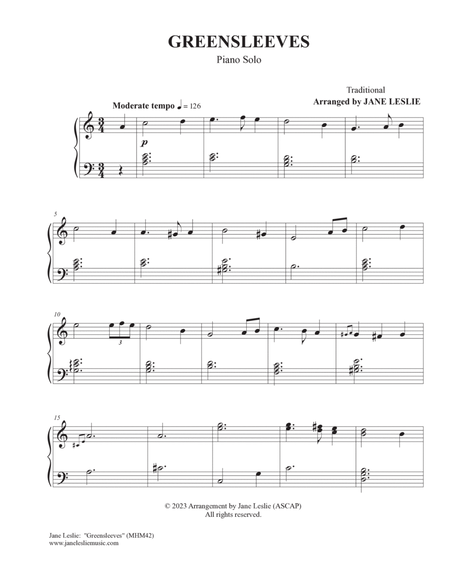 GREENSLEEVES - piano arrangement by Jane Leslie image number null