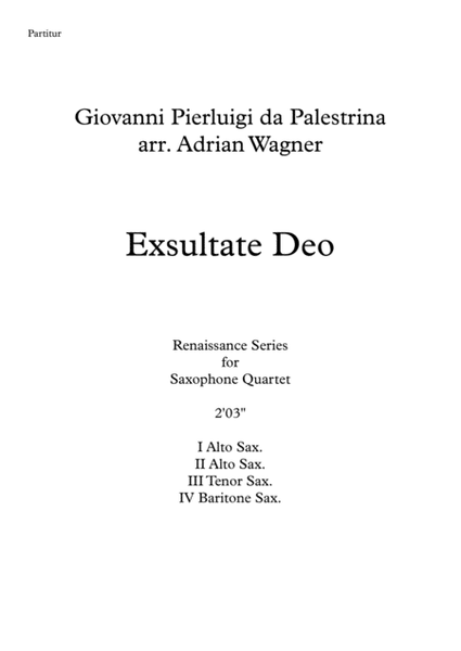 "Exsultate Deo" (Giovanni Pierluigi da Palestrina) Saxophone Quartet (AATB) arr. Adrian Wagner image number null