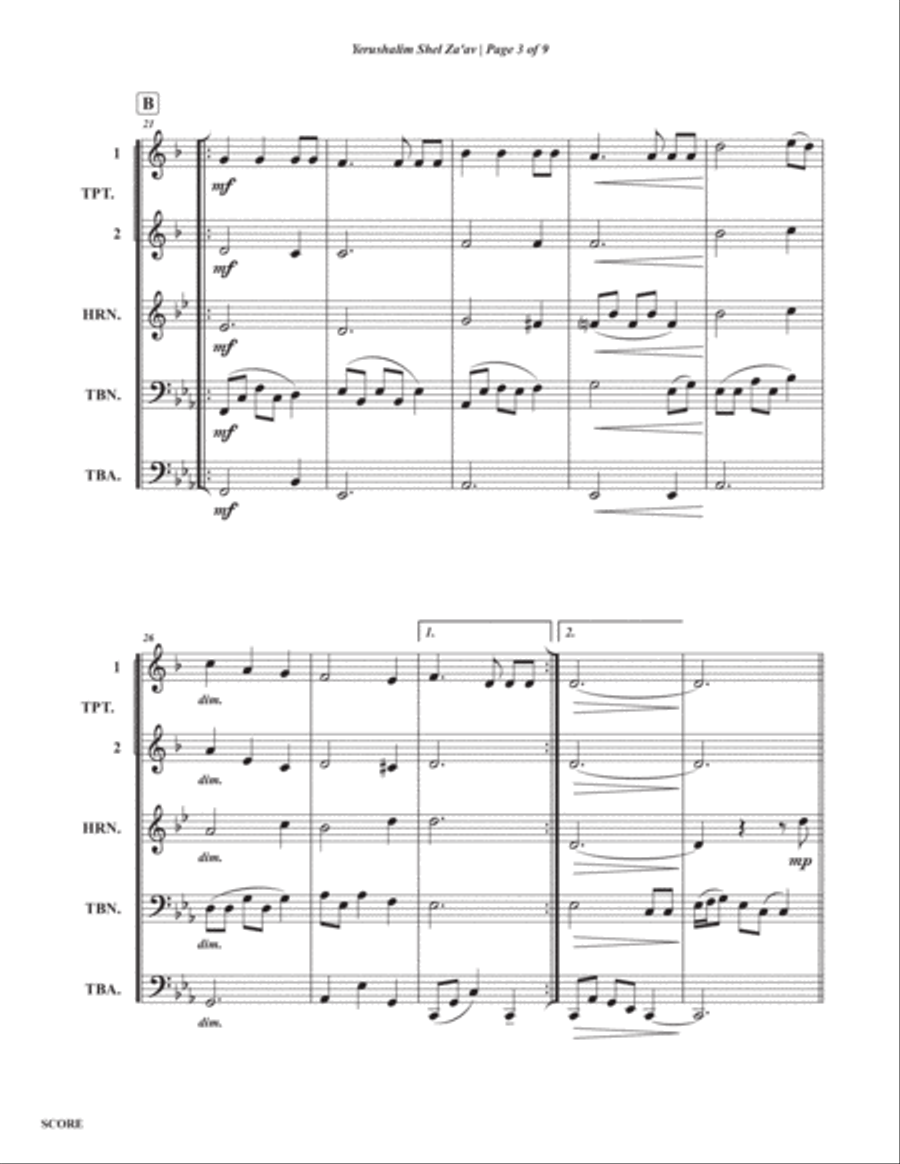 Yerushalim Shel Za'av (Jerusalem of Gold) Brass Quintet scores gallery preview page 3