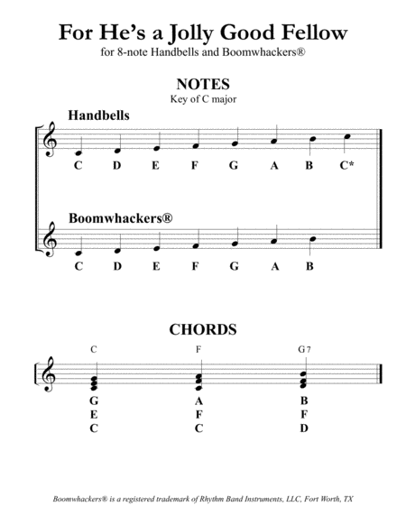 “For He's a Jolly Good Fellow” for 8-note Bells and Boomwhackers® (with Black and White Notes) image number null