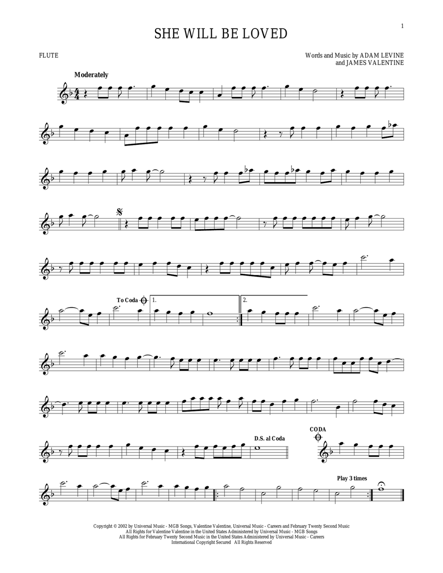 She Will Be Loved Flute Solo scores gallery preview page 1