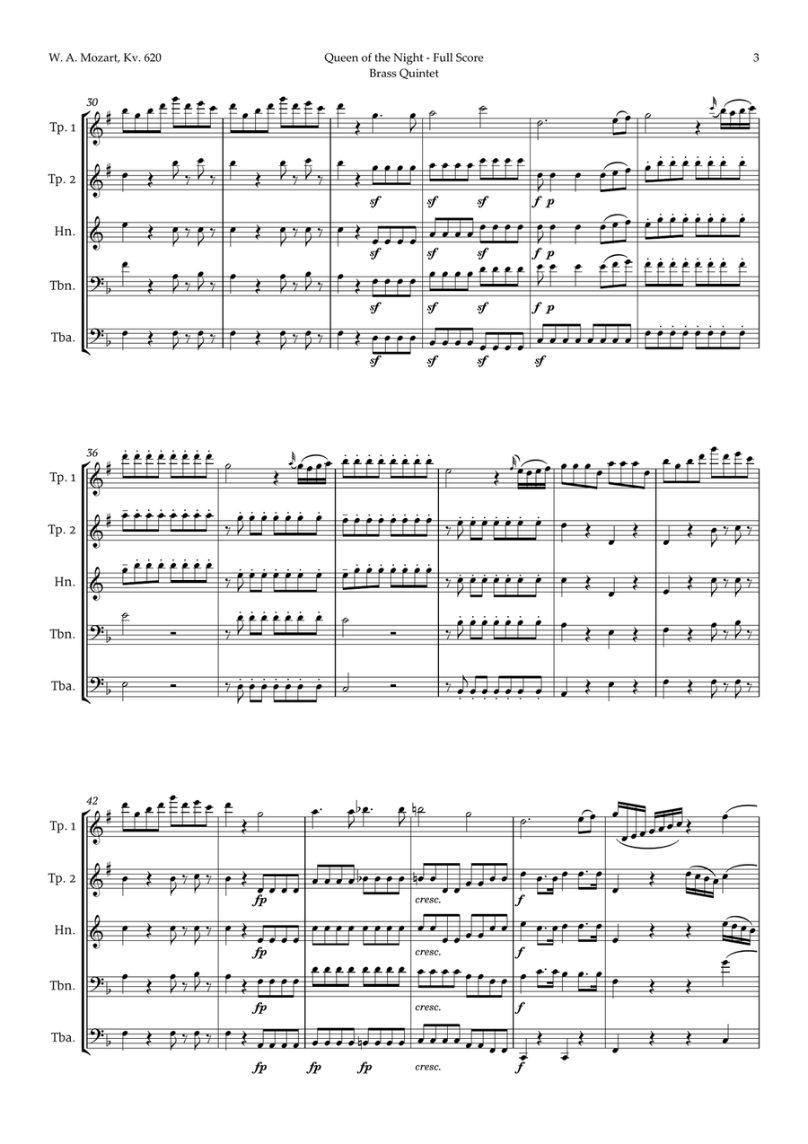 Queen of the Night Aria by Mozart for Brass Quintet Brass Quintet scores gallery preview page 3
