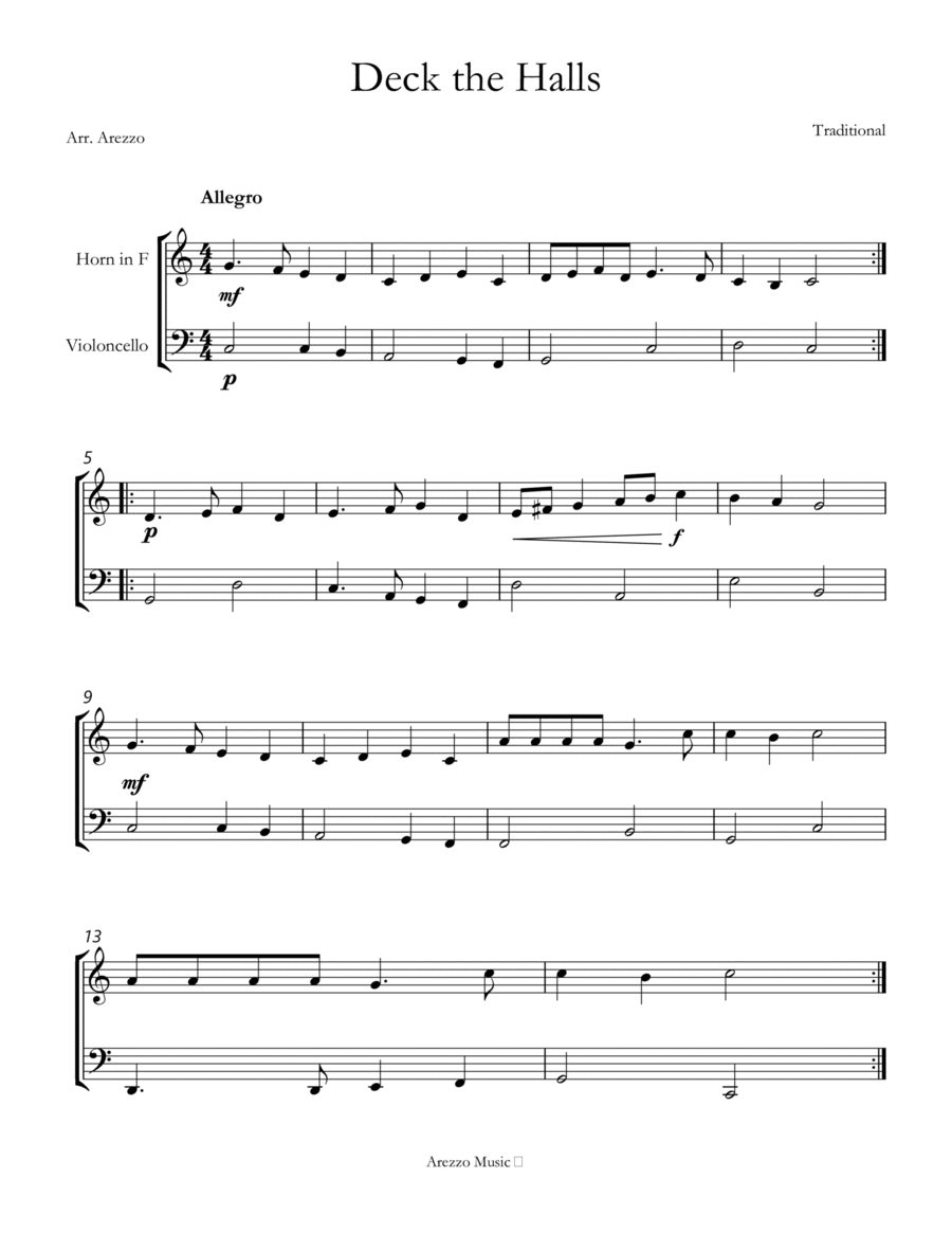 deck the halls for sheet music arrangement Horn and Cello image number null