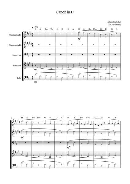 Canon in D - Johann Pachelbel for Brass Quintet with chords. image number null