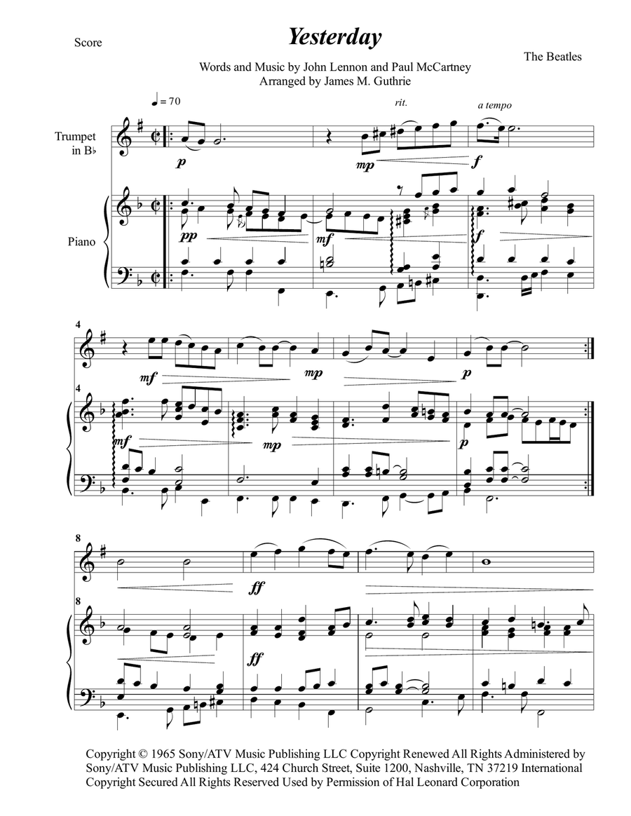Yesterday B-Flat Trumpet scores gallery preview page 1