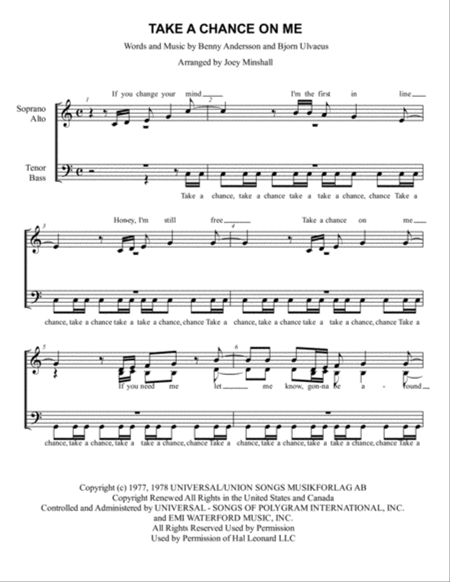 Take A Chance On Me featured in MAMMA MIA! 4-Part scores gallery preview page 1