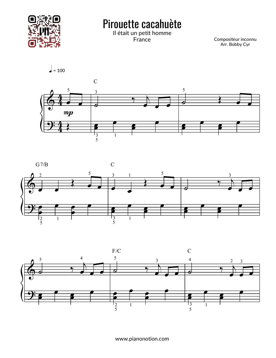 Pirouette cacahuète | Il était un petit homme | Comptines (piano facile) Easy Piano scores gallery preview page 1