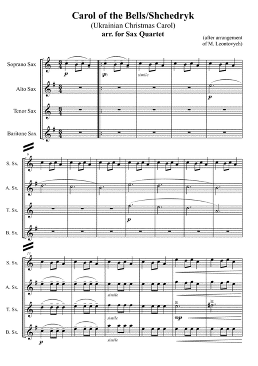 Carol of the Bells/Shchedryk (Ukrainian Christmas Carol), arr. for Sax Quartet image number null