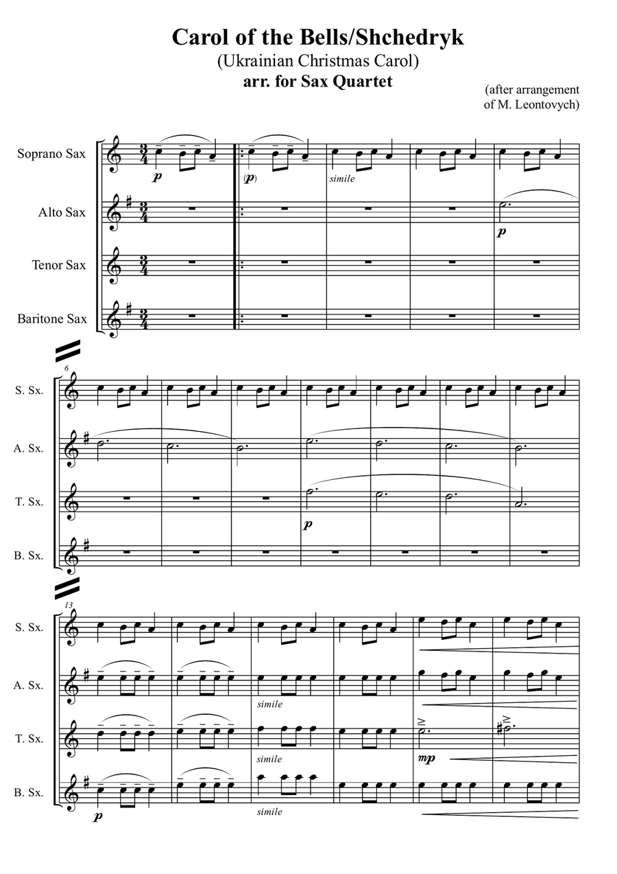 Carol of the Bells/Shchedryk (Ukrainian Christmas Carol), arr. for Sax Quartet image number null