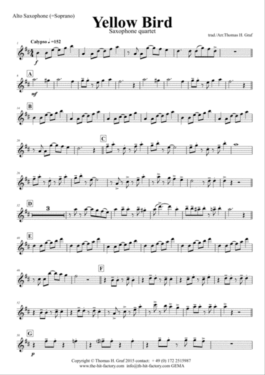 Yellow Bird - Haitian Folk Song - Calypso - Saxophone Quartet Saxophone Quartet scores gallery preview page 6