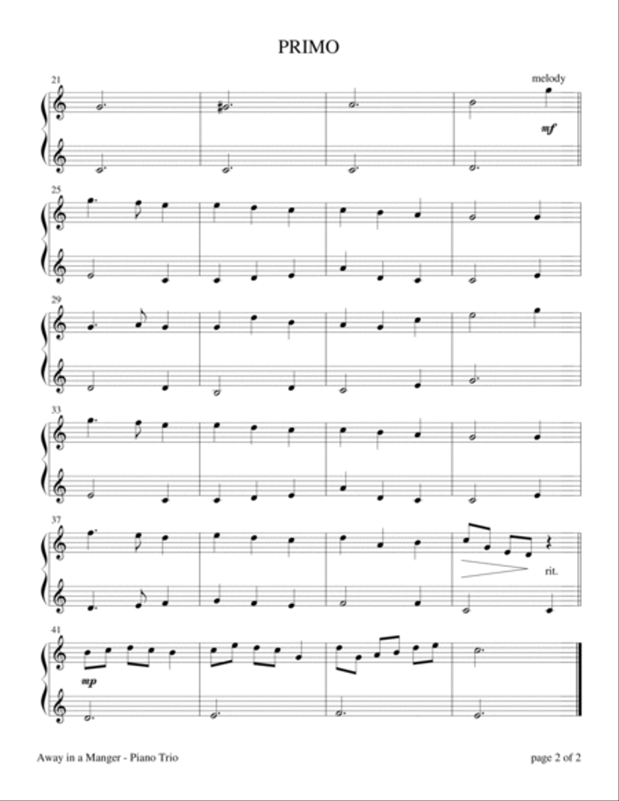 Away in a Manger (Easy-Intermediate Piano Trio; 1 Piano, 6 Hands) Piano Duet scores gallery preview page 3