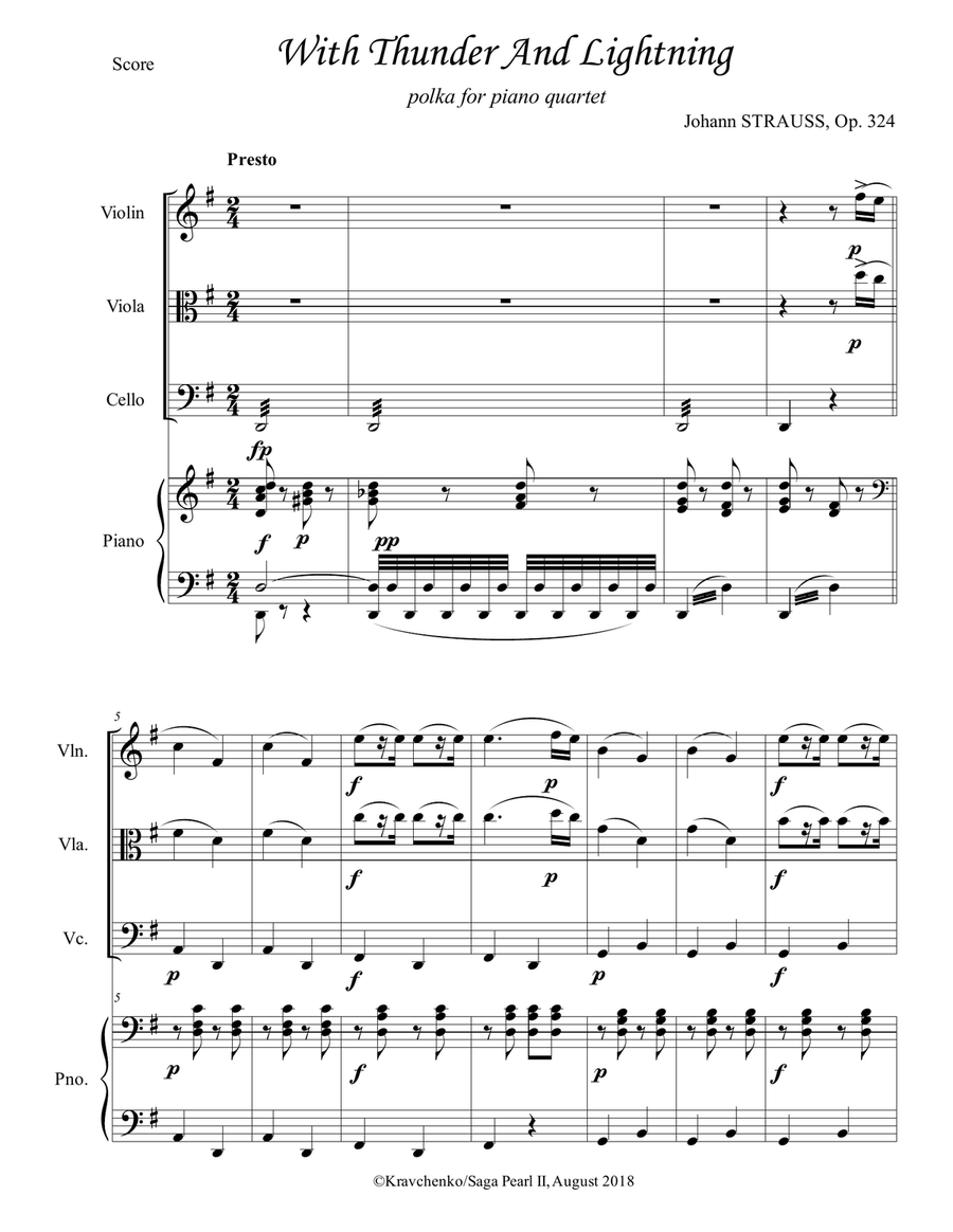 Johann Strauss II - Thunder and Lightning Polka arr. for piano quartet (score and parts)