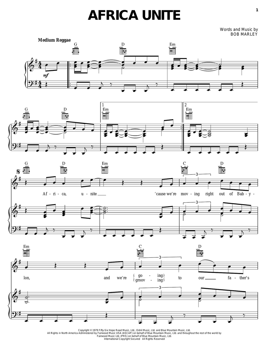 Africa Unite Piano, Vocal, Guitar scores gallery preview page 1