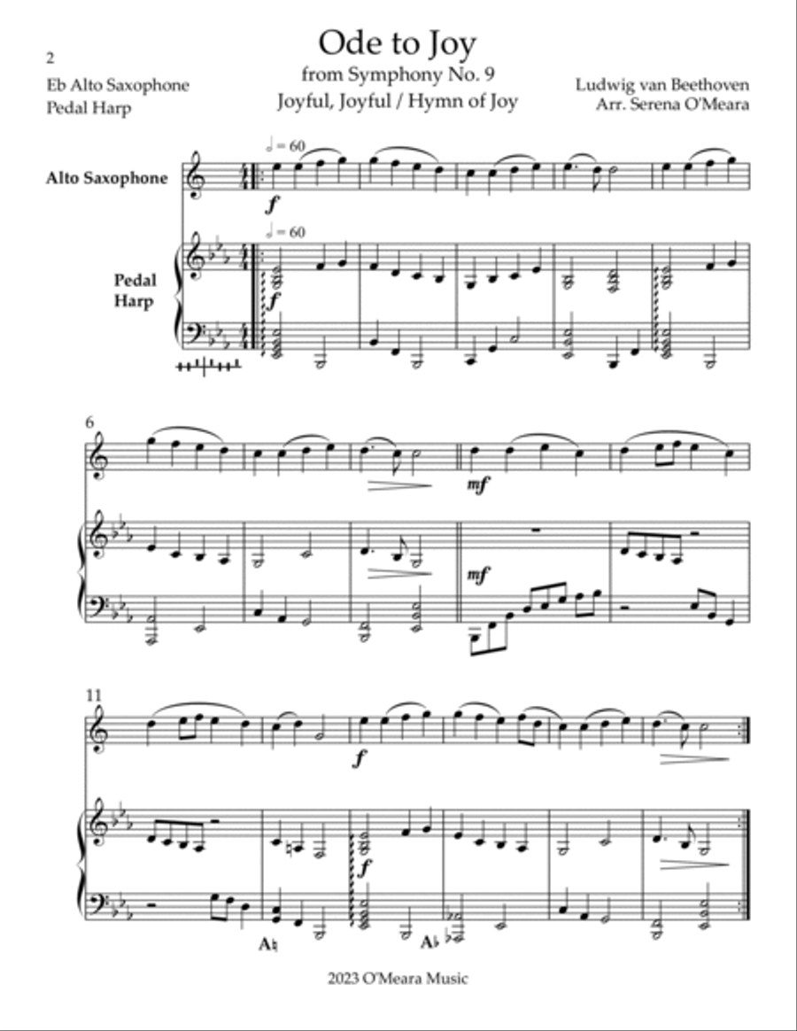 Ode to Joy, Duet for Eb Alto Saxophone & Pedal Harp Alto Saxophone scores gallery preview page 2