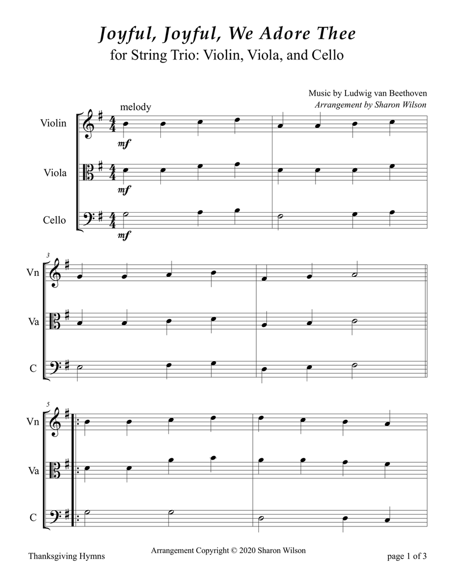 Joyful, Joyful, We Adore Thee (for String Trio – Violin, Viola, and Cello) String Trio scores gallery preview page 3